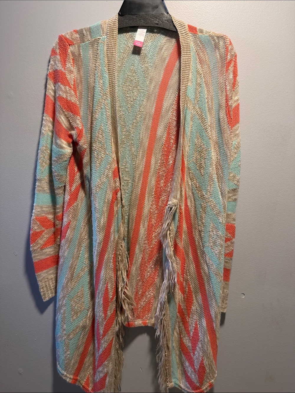 No Boundaries Open-Front Cardigan in Coral, Aqua and Tan